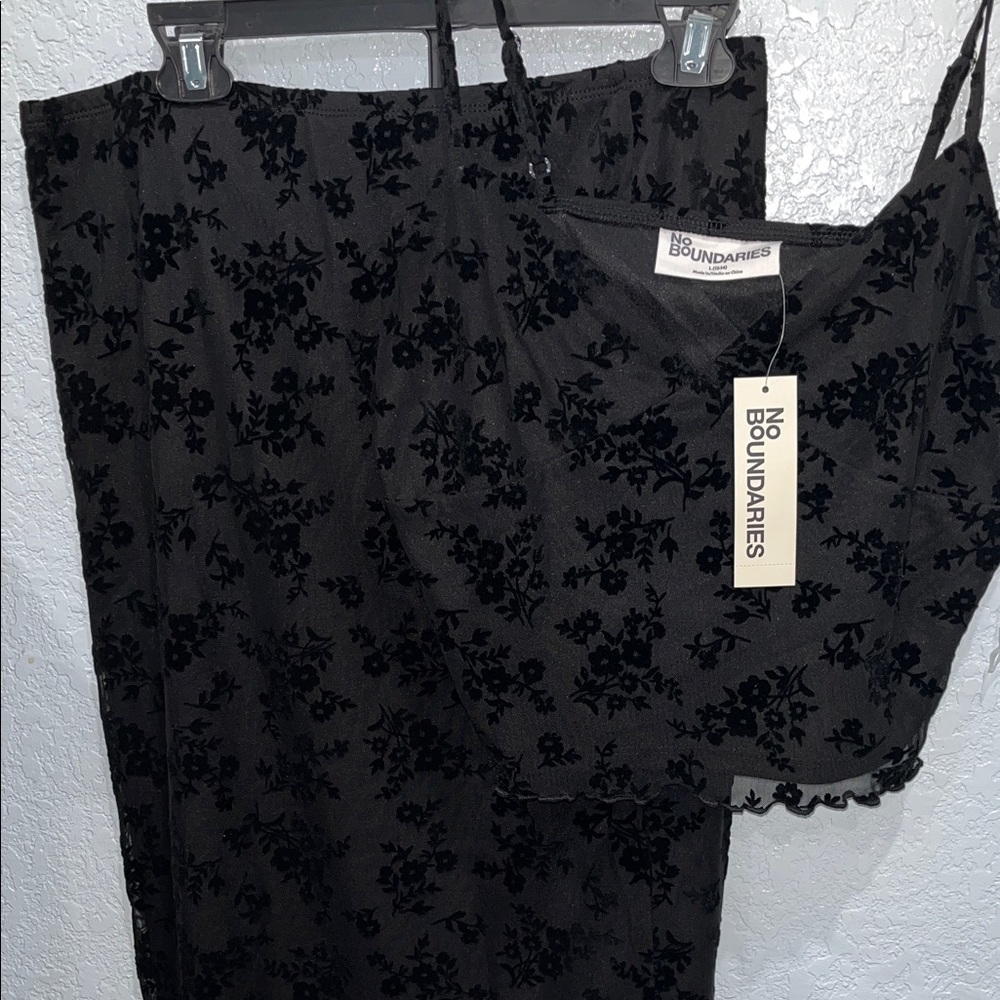 No Boundaries Black Floral Velvet Burnout Midi Skirt Set